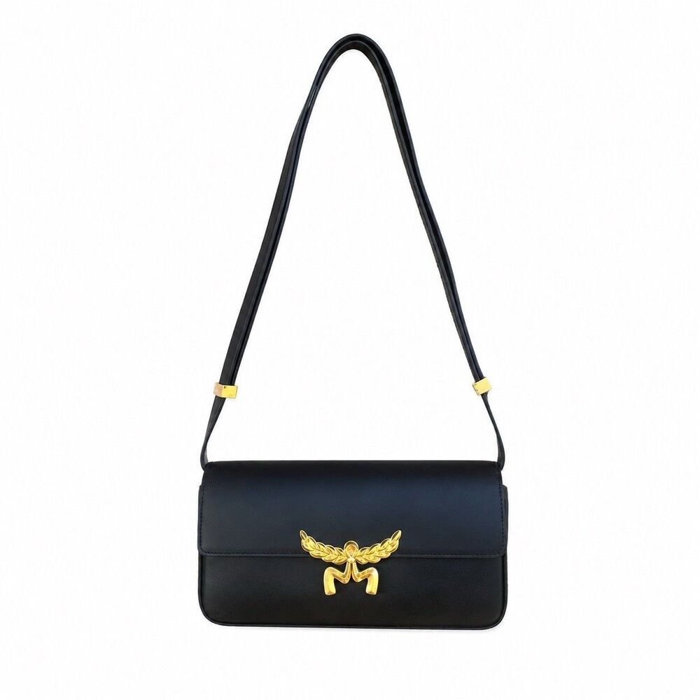 MCM Small Himmel Lauretos Black Gold Logo Leather Flap Shoulder Bag Crossbody